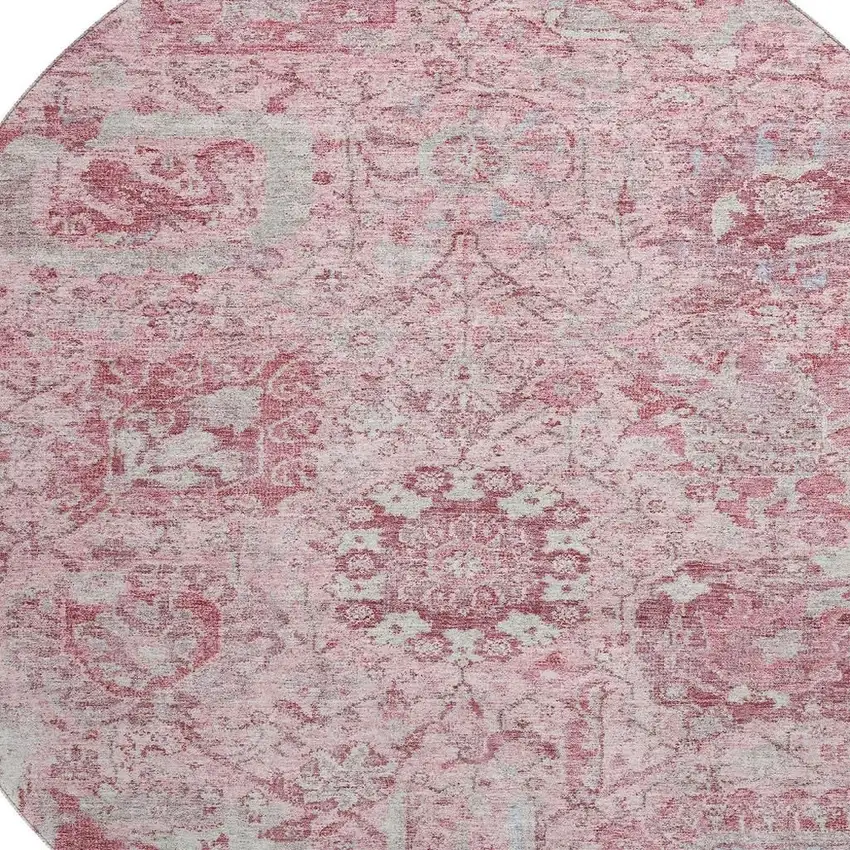 8' Pink Gray And Ivory Damask Washable Round Rug With UV Protection Photo 2