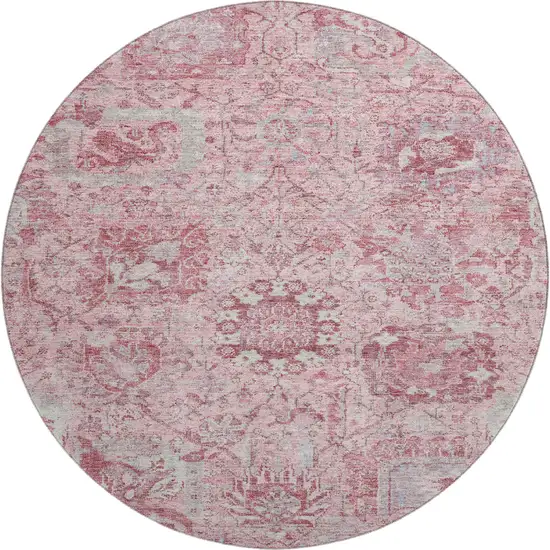 8' Pink Gray And Ivory Damask Washable Round Rug With UV Protection Photo 1