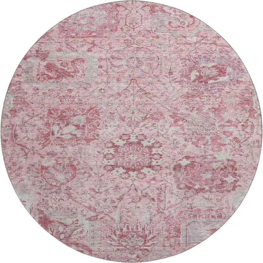 8' Pink Gray And Ivory Damask Washable Round Rug With UV Protection Photo 1