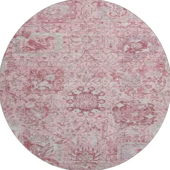 8' Pink Gray And Ivory Damask Washable Round Rug With UV Protection Photo 3