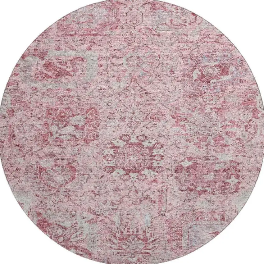 8' Pink Gray And Ivory Damask Washable Round Rug With UV Protection Photo 3