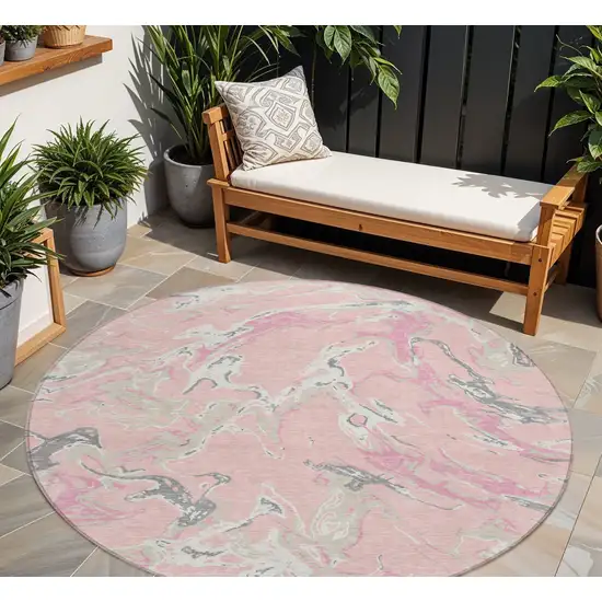8' Pink Gray And Ivory Round Abstract Washable Indoor Outdoor Area Rug Photo 1