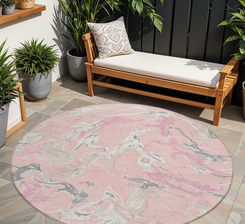 8' Pink Gray And Ivory Round Abstract Washable Indoor Outdoor Area Rug Photo 1