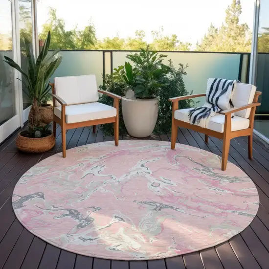8' Pink Gray And Ivory Round Abstract Washable Indoor Outdoor Area Rug Photo 7