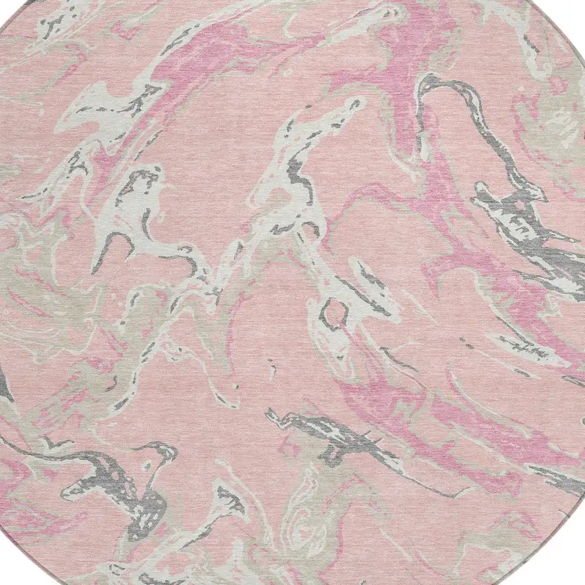 8' Pink Gray And Ivory Round Abstract Washable Indoor Outdoor Area Rug Photo 5