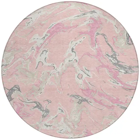 8' Pink Gray And Ivory Round Abstract Washable Indoor Outdoor Area Rug Photo 6