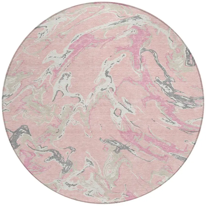 8' Pink Gray And Ivory Round Abstract Washable Indoor Outdoor Area Rug Photo 6