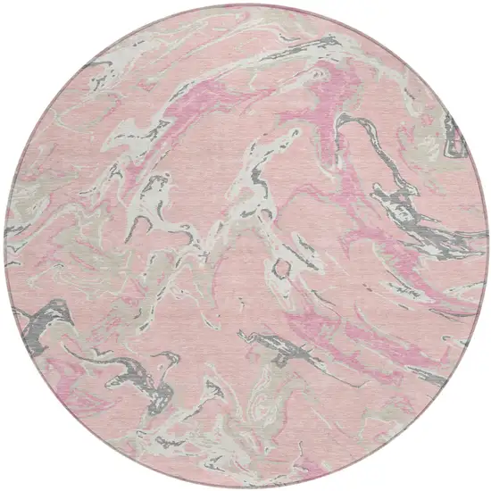 8' Pink Gray And Ivory Round Abstract Washable Indoor Outdoor Area Rug Photo 2
