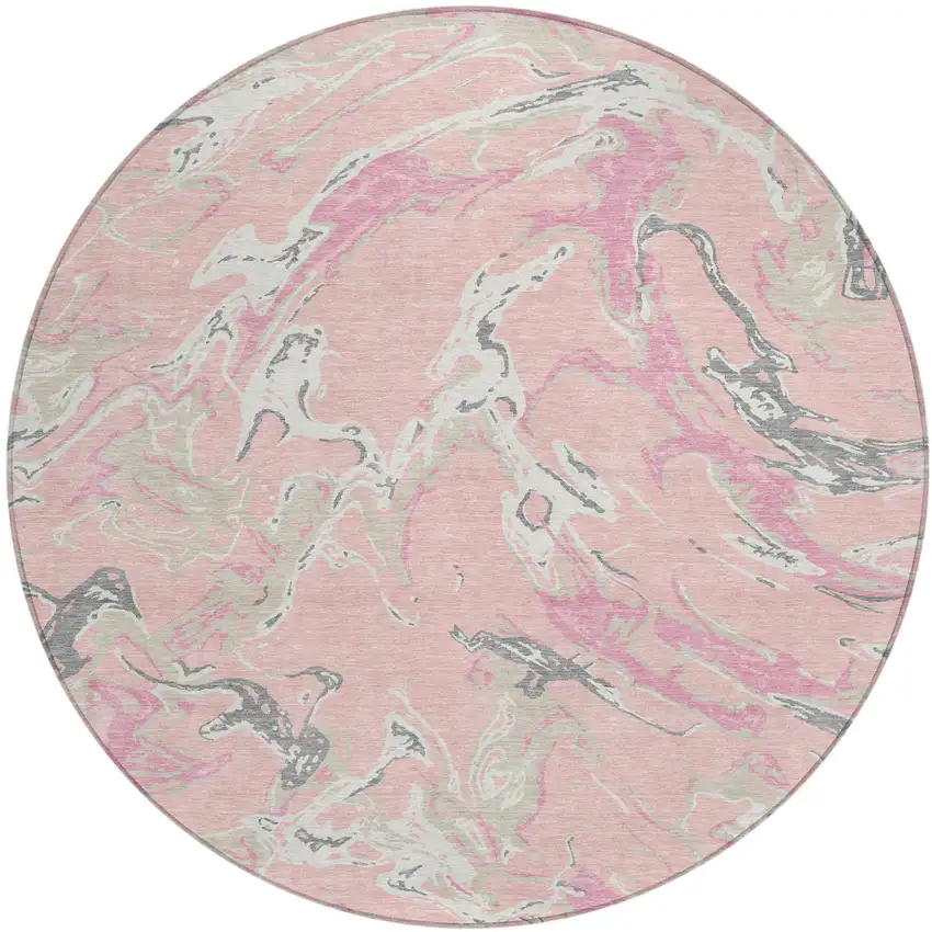 8' Pink Gray And Ivory Round Abstract Washable Indoor Outdoor Area Rug Photo 2
