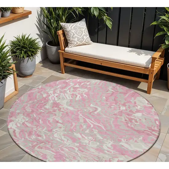 8' Pink Gray And Ivory Round Abstract Washable Indoor Outdoor Area Rug Photo 7