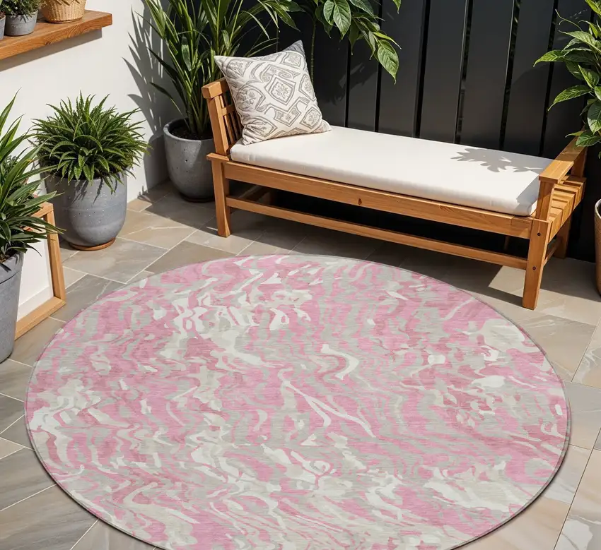 8' Pink Gray And Ivory Round Abstract Washable Indoor Outdoor Area Rug Photo 7