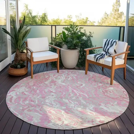 8' Pink Gray And Ivory Round Abstract Washable Indoor Outdoor Area Rug Photo 4