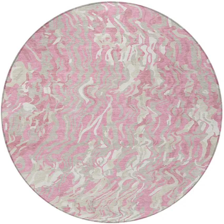 8' Pink Gray And Ivory Round Abstract Washable Indoor Outdoor Area Rug Photo 3
