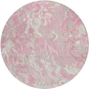 Photo of 8' Pink Gray And Ivory Round Abstract Washable Indoor Outdoor Area Rug