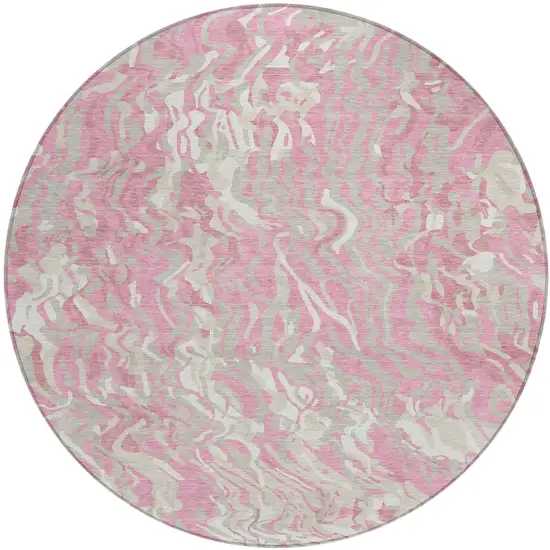 8' Pink Gray And Ivory Round Abstract Washable Indoor Outdoor Area Rug Photo 1