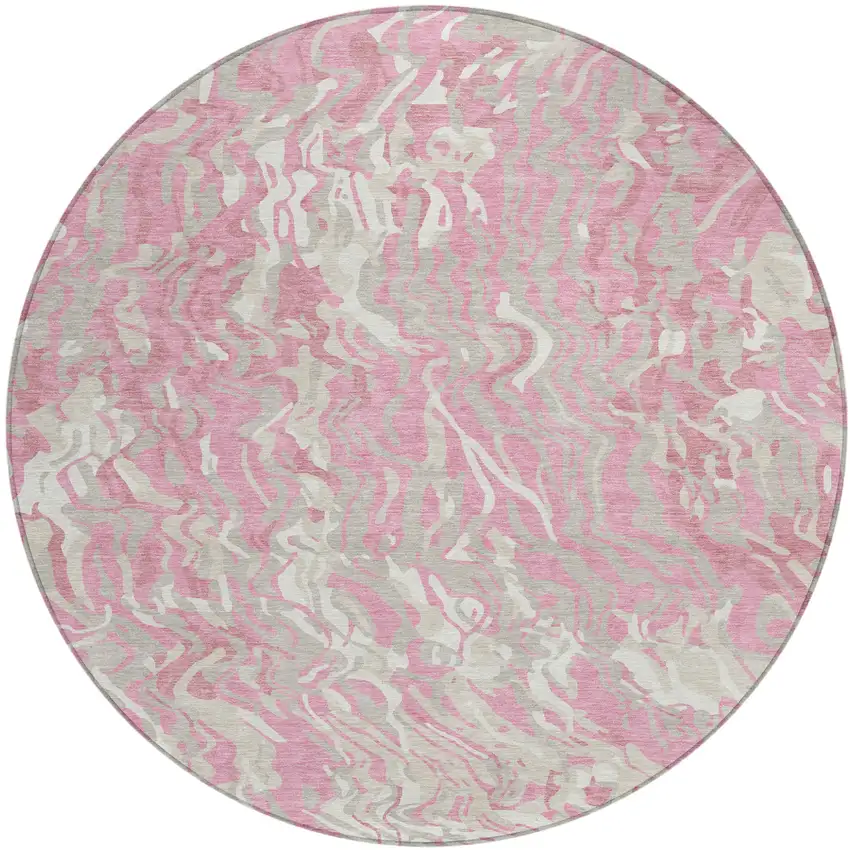 8' Pink Gray And Ivory Round Abstract Washable Indoor Outdoor Area Rug Photo 1