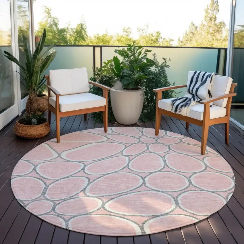 8' Pink Gray And Ivory Round Abstract Washable Indoor Outdoor Area Rug Photo 7