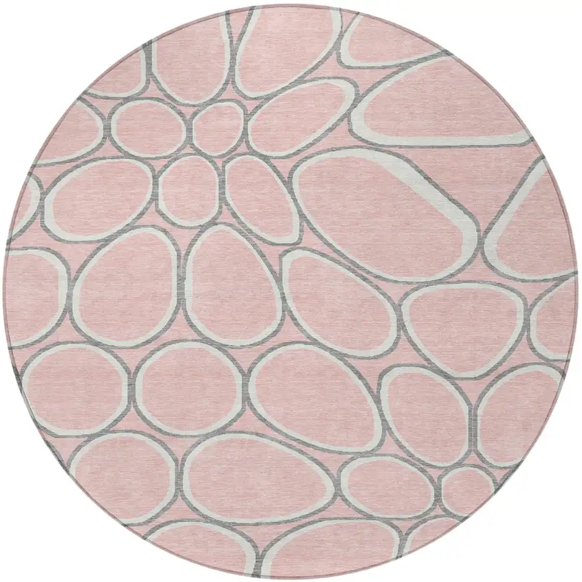 8' Pink Gray And Ivory Round Abstract Washable Indoor Outdoor Area Rug Photo 6