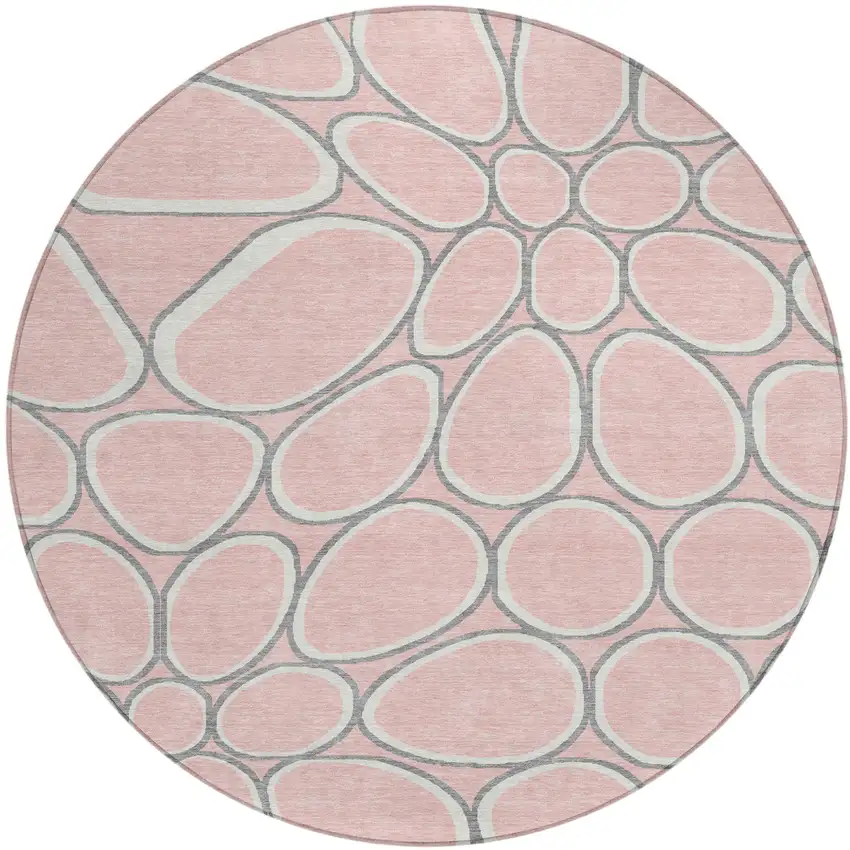 8' Pink Gray And Ivory Round Abstract Washable Indoor Outdoor Area Rug Photo 2