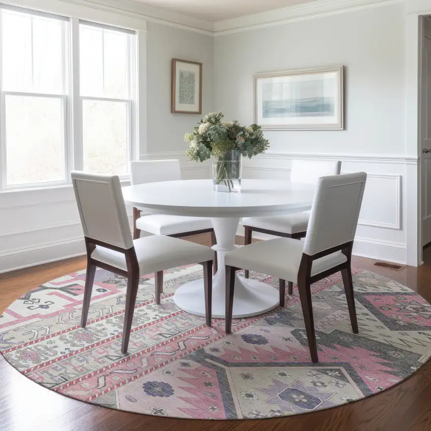 8' Pink Gray And Ivory Round Aztec Washable Indoor Outdoor Area Rug Photo 8