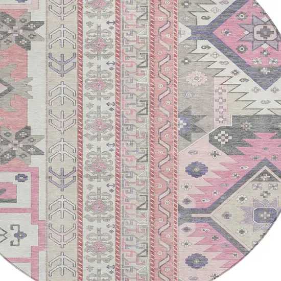 8' Pink Gray And Ivory Round Aztec Washable Indoor Outdoor Area Rug Photo 4