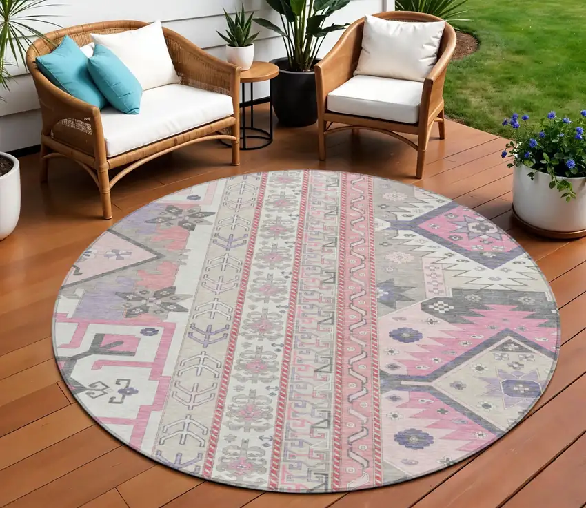 8' Pink Gray And Ivory Round Aztec Washable Indoor Outdoor Area Rug Photo 1