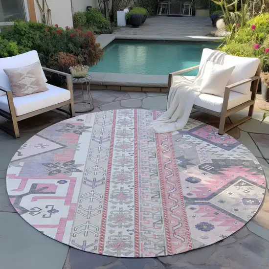 8' Pink Gray And Ivory Round Aztec Washable Indoor Outdoor Area Rug Photo 7