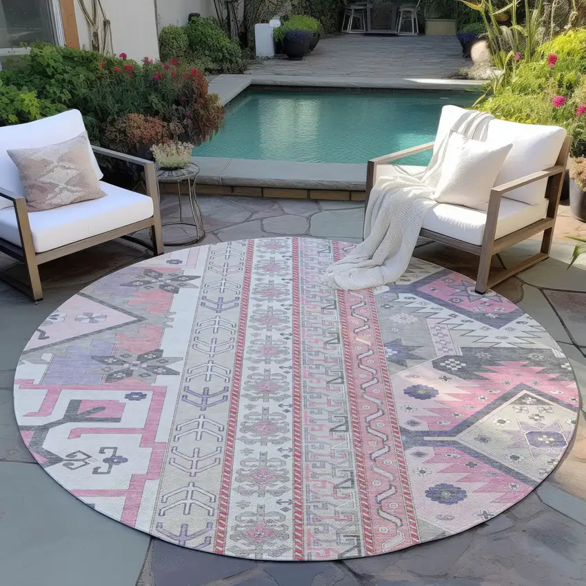 8' Pink Gray And Ivory Round Aztec Washable Indoor Outdoor Area Rug Photo 7