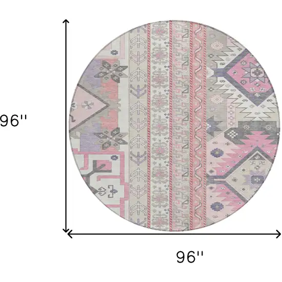 8' Pink Gray And Ivory Round Aztec Washable Indoor Outdoor Area Rug Photo 3