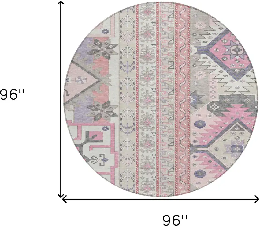 8' Pink Gray And Ivory Round Aztec Washable Indoor Outdoor Area Rug Photo 3