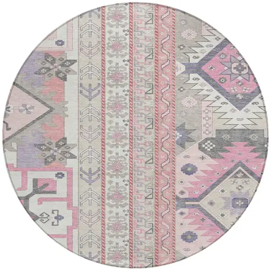 8' Pink Gray And Ivory Round Aztec Washable Indoor Outdoor Area Rug Photo 6