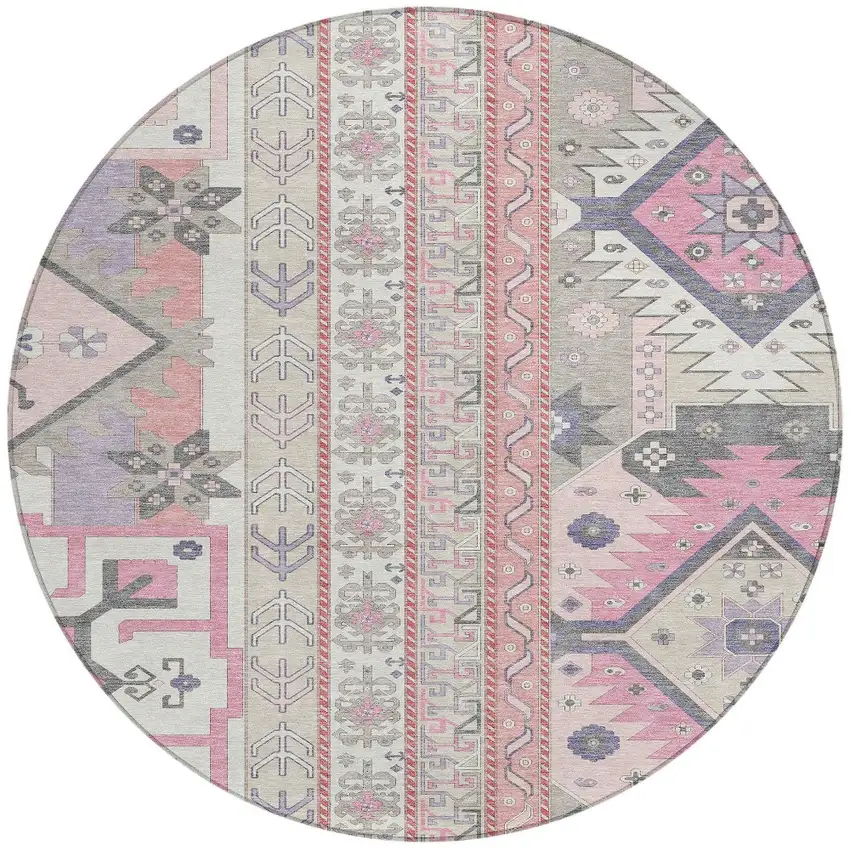 8' Pink Gray And Ivory Round Aztec Washable Indoor Outdoor Area Rug Photo 6
