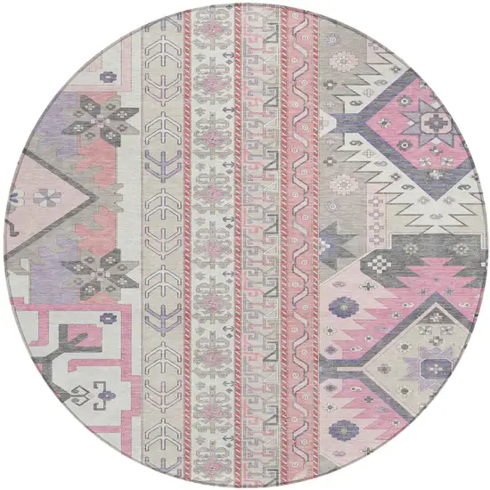 8' Pink Gray And Ivory Round Aztec Washable Indoor Outdoor Area Rug Photo 2