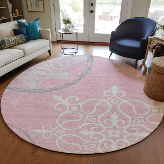 8' Pink Gray And Ivory Round Floral Medallion Washable Indoor Outdoor Area Rug Photo 7