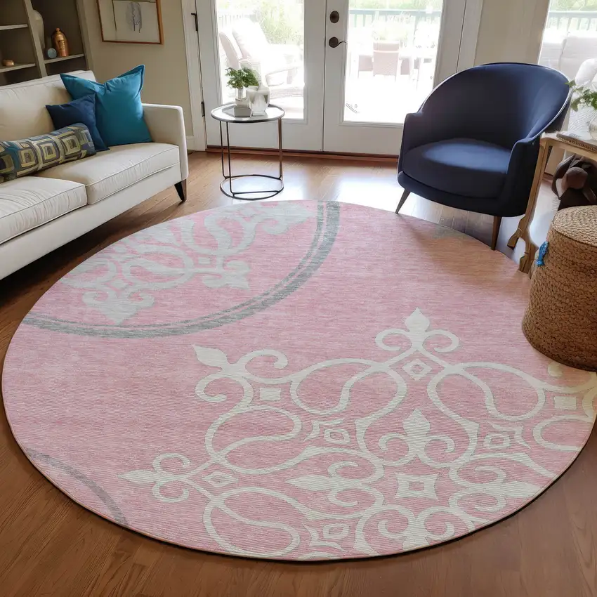 8' Pink Gray And Ivory Round Floral Medallion Washable Indoor Outdoor Area Rug Photo 7