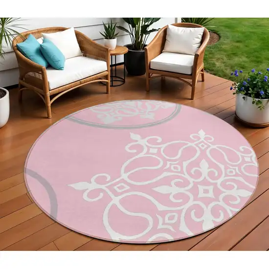 8' Pink Gray And Ivory Round Floral Medallion Washable Indoor Outdoor Area Rug Photo 1