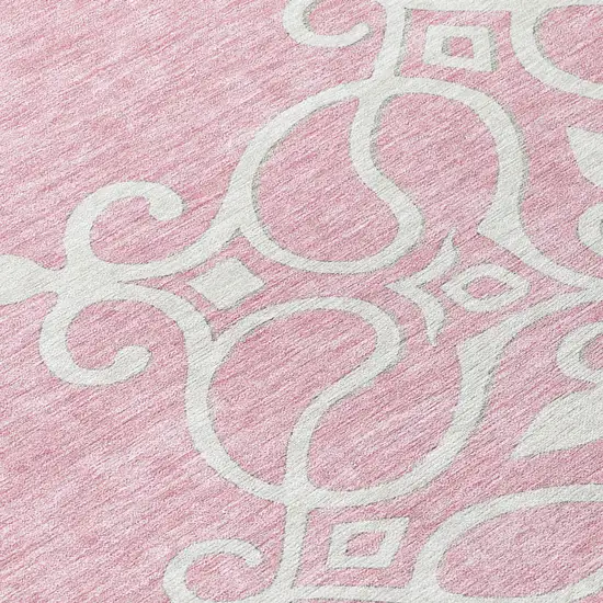 8' Pink Gray And Ivory Round Floral Medallion Washable Indoor Outdoor Area Rug Photo 8