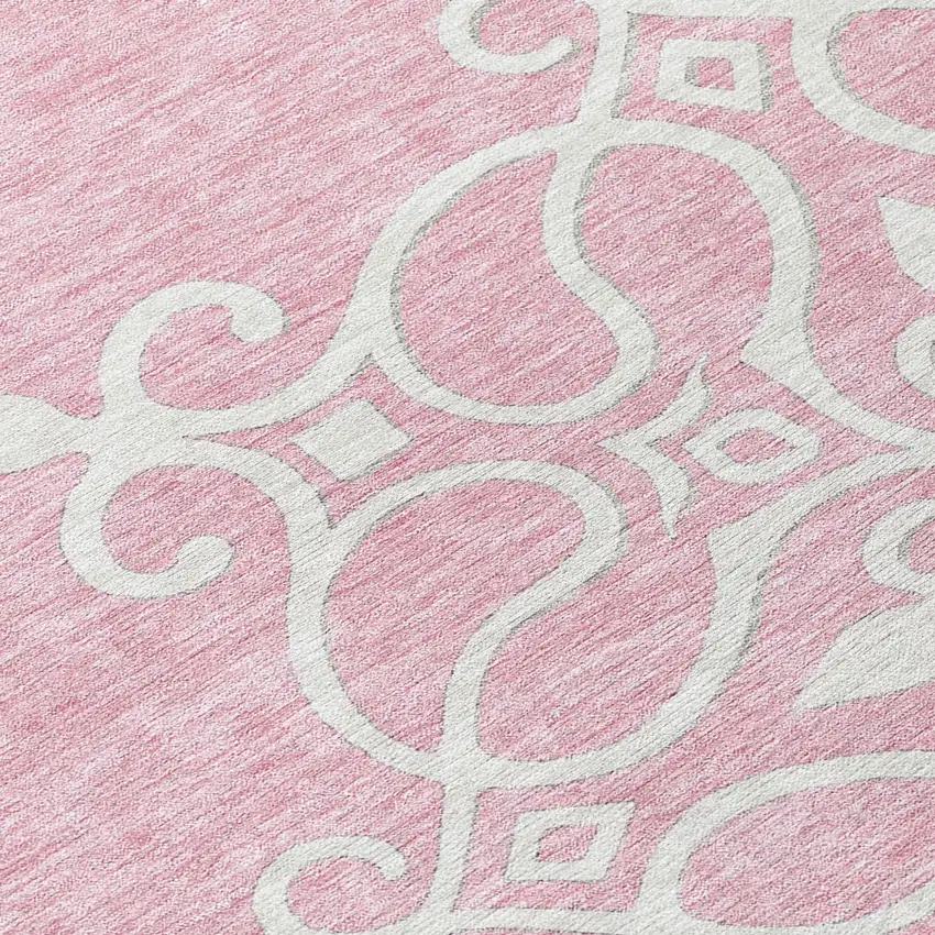 8' Pink Gray And Ivory Round Floral Medallion Washable Indoor Outdoor Area Rug Photo 8