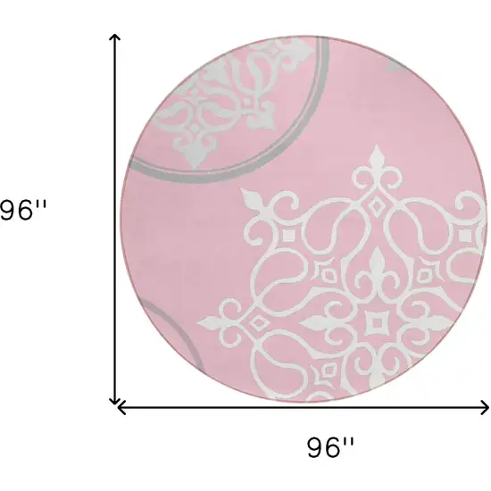 8' Pink Gray And Ivory Round Floral Medallion Washable Indoor Outdoor Area Rug Photo 3