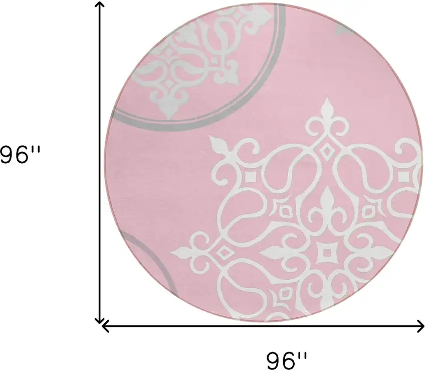 8' Pink Gray And Ivory Round Floral Medallion Washable Indoor Outdoor Area Rug Photo 3