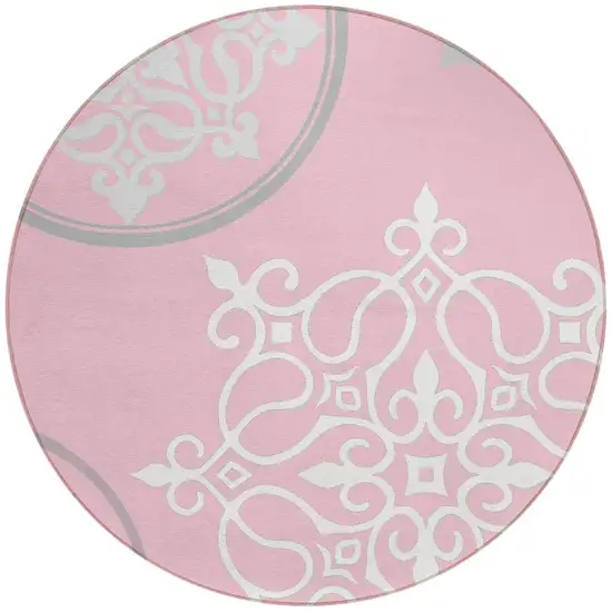 8' Pink Gray And Ivory Round Floral Medallion Washable Indoor Outdoor Area Rug Photo 5