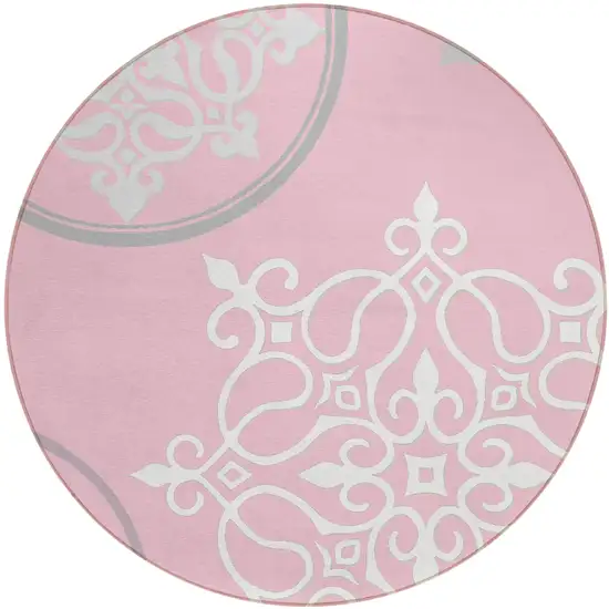 8' Pink Gray And Ivory Round Floral Medallion Washable Indoor Outdoor Area Rug Photo 2