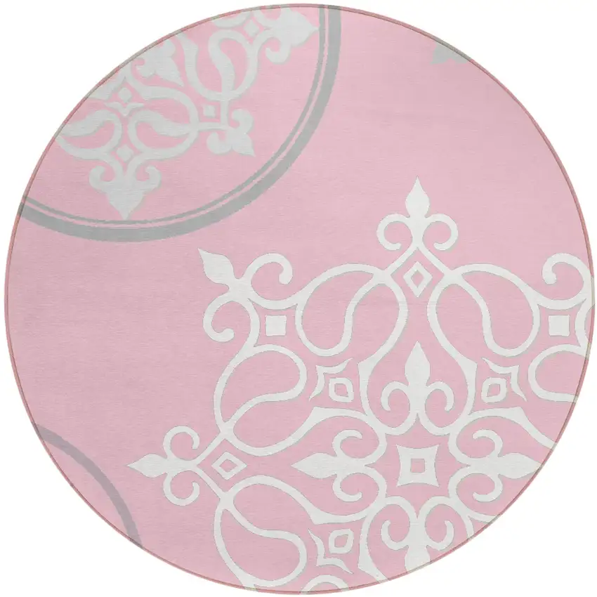 8' Pink Gray And Ivory Round Floral Medallion Washable Indoor Outdoor Area Rug Photo 2