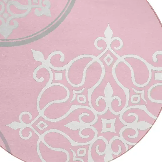 8' Pink Gray And Ivory Round Floral Medallion Washable Indoor Outdoor Area Rug Photo 4