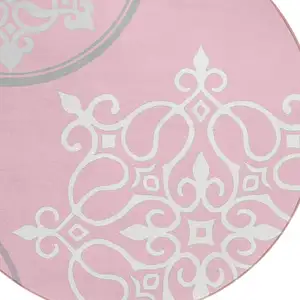 Photo of 8' Pink Gray And Ivory Round Floral Medallion Washable Indoor Outdoor Area Rug