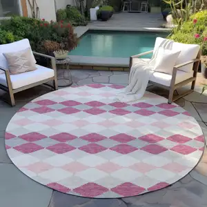 Photo of 8' Pink Gray And Ivory Round Geometric Washable Indoor Outdoor Area Rug