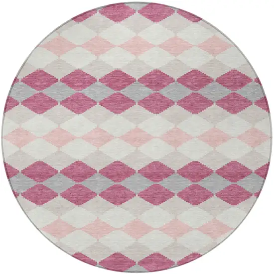 8' Pink Gray And Ivory Round Geometric Washable Indoor Outdoor Area Rug Photo 6