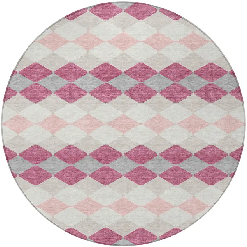 8' Pink Gray And Ivory Round Geometric Washable Indoor Outdoor Area Rug Photo 6