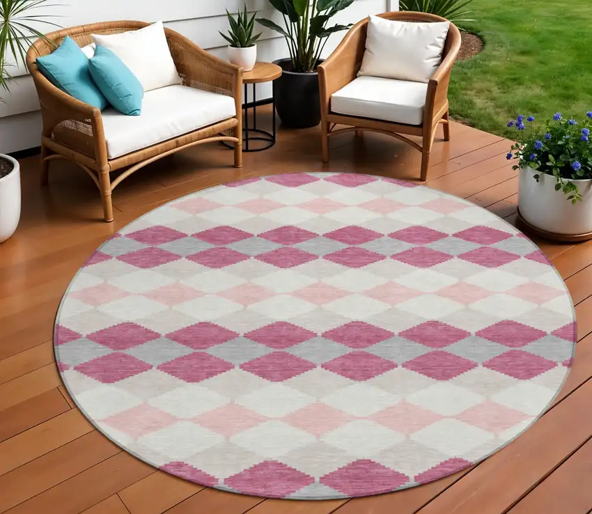 8' Pink Gray And Ivory Round Geometric Washable Indoor Outdoor Area Rug Photo 1