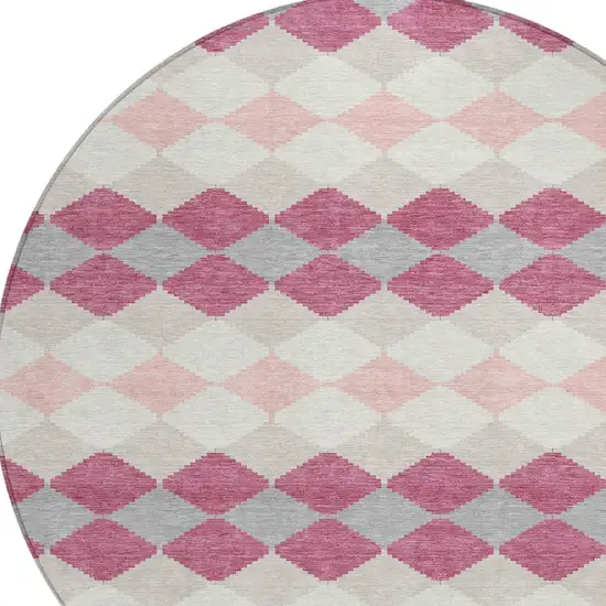 8' Pink Gray And Ivory Round Geometric Washable Indoor Outdoor Area Rug Photo 5